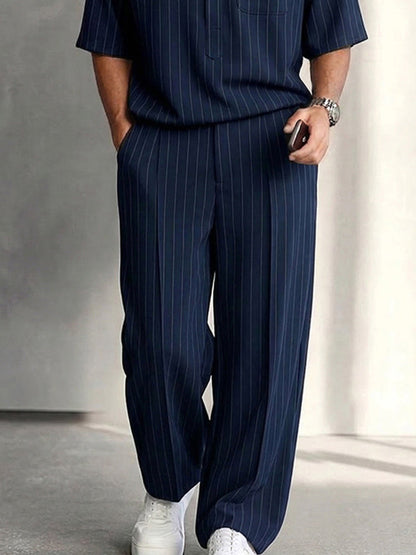 Urban Casual Pinstripe Henley Neck T-Shirt Set