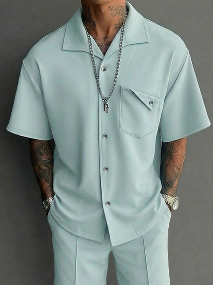 Casual Design Pocket Short Sleeve Shirt Shorts Set