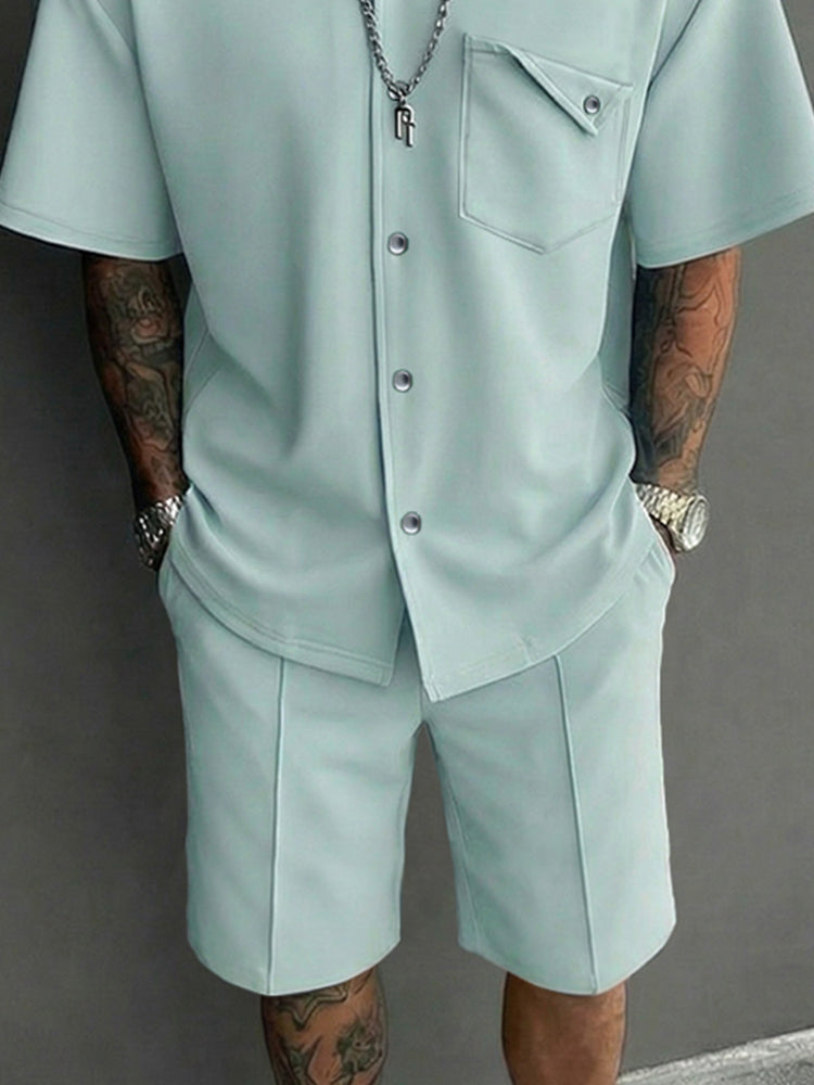 Casual Design Pocket Short Sleeve Shirt Shorts Set
