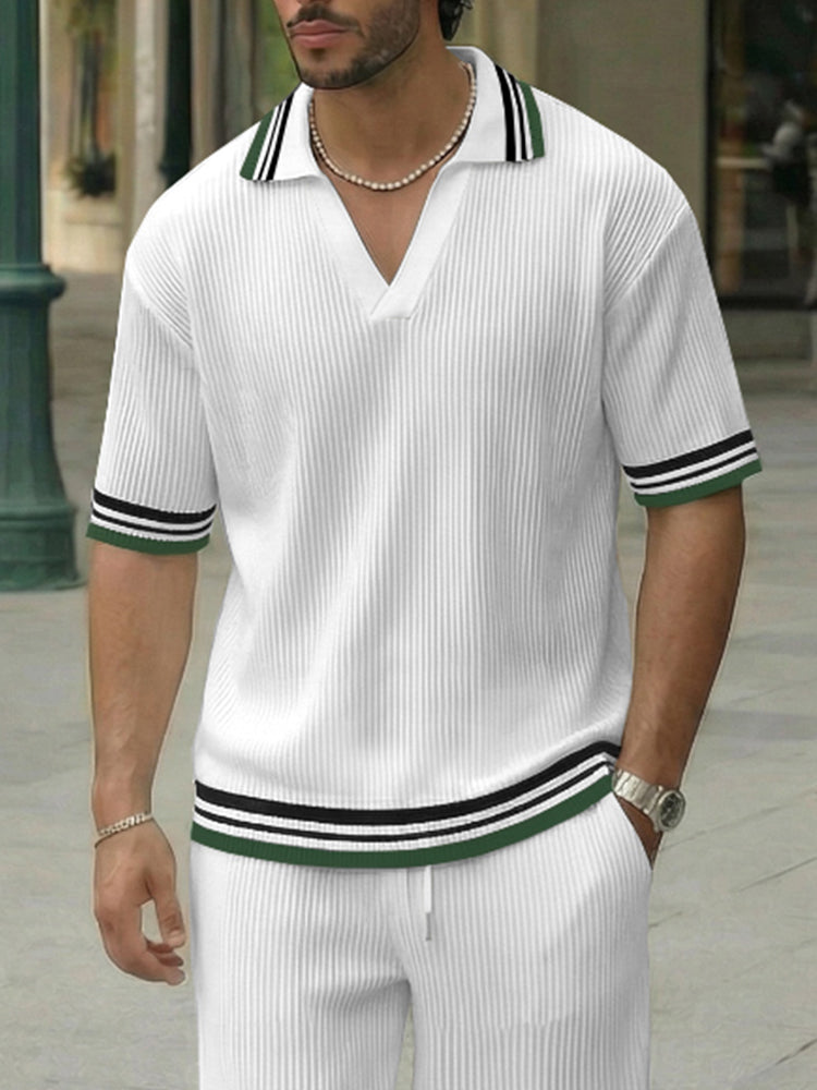 Urban Casual Contrast Color Stripe Trim Polo Pants Set