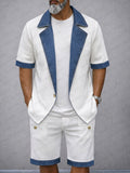 Modern Casual Contrast Trim Waffle Blazer Shorts Set