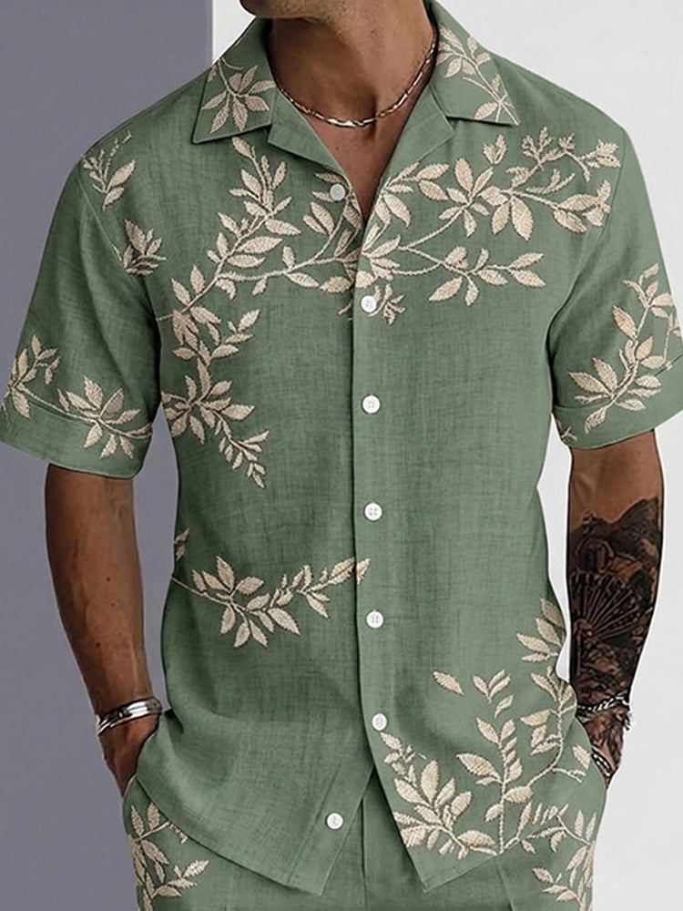 Casual Tropical Leaves Print Shirt and Shorts Set