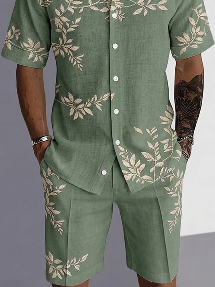Casual Tropical Leaves Print Shirt and Shorts Set