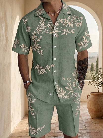Casual Tropical Leaves Print Shirt and Shorts Set