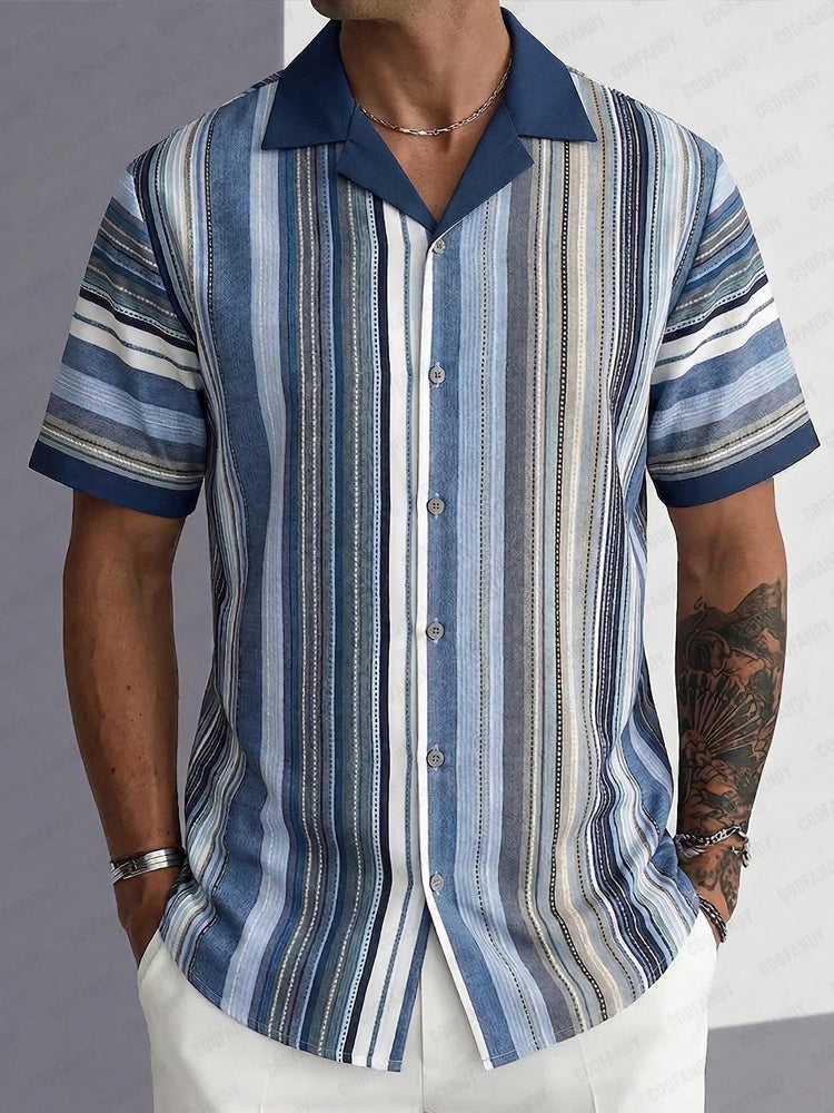Casual Cuban Collar Stripe Printed Shirt