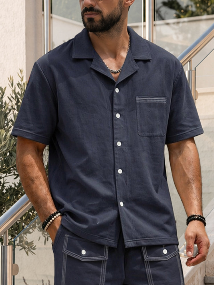 Casual Contrast Stitch Pocket Cotton Shirt Set