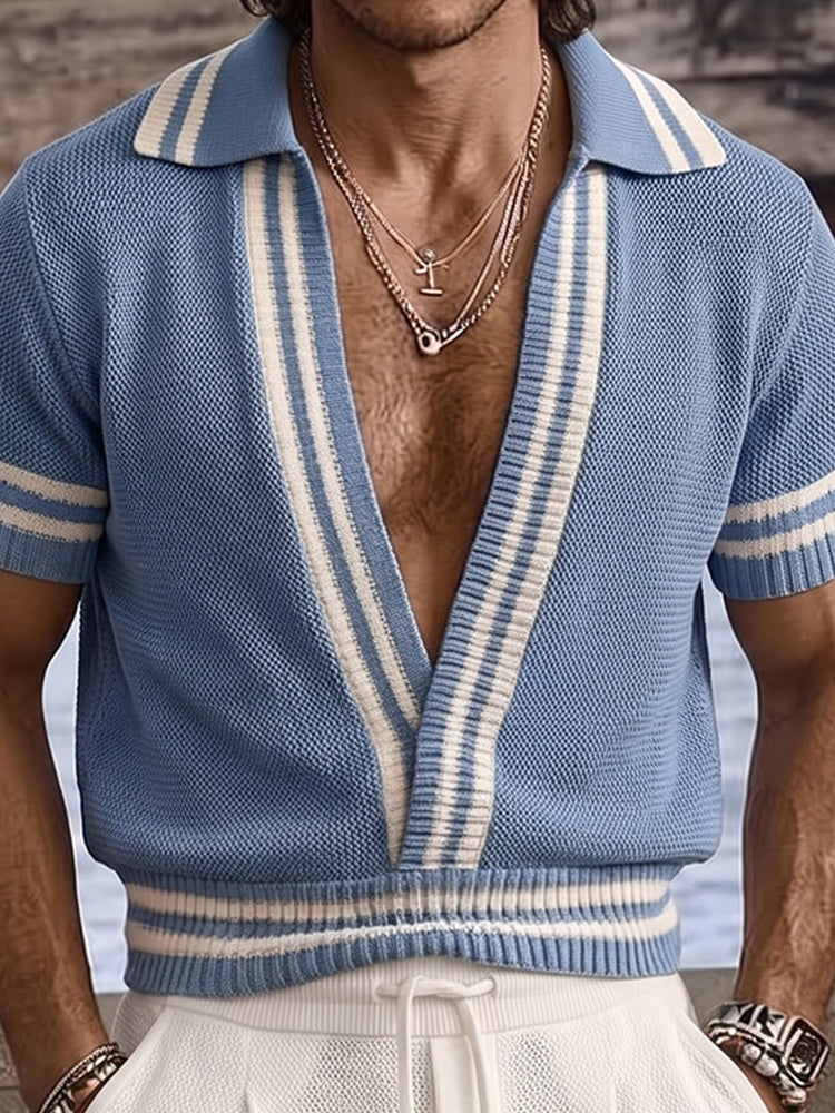 Summer Contrast Color V-Neck Knit Shirt