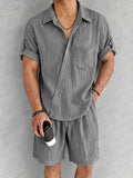 Casual Textured Slant Placket Shirt Shorts Set