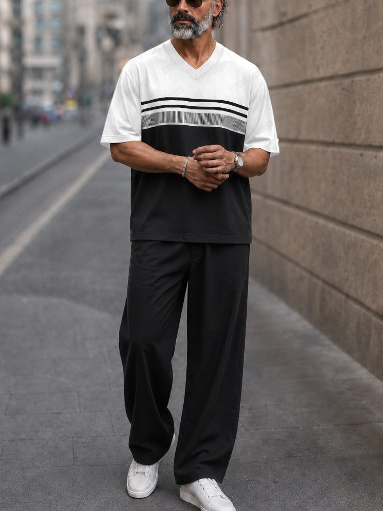 Casual Loose Color Block T-shirt Pants Set