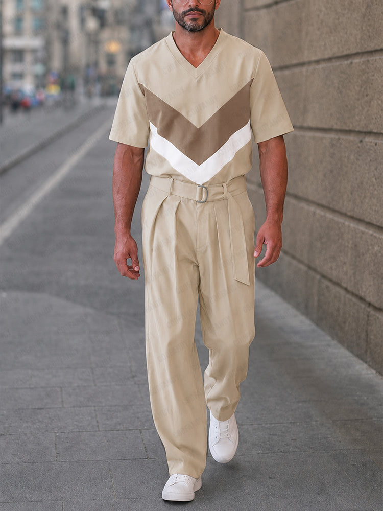 Casual Loose Color Block T-shirt Pants Sets