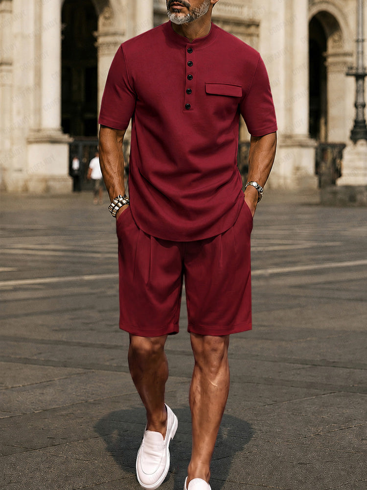 Urban Casual Button Up T-Shirt Shorts Set