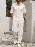 Retro Casual Golden Button Decor Shirt Pants Set