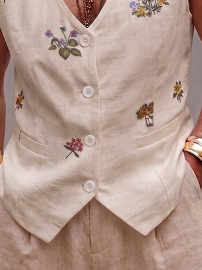 Summer Floral Embroidered Cotton Vest