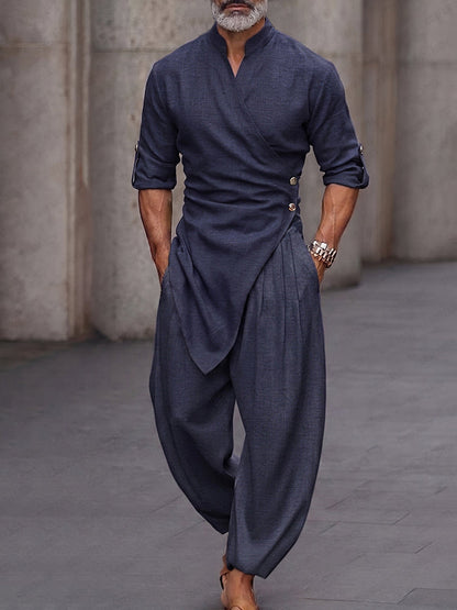 Urban Casual Button-Front Wrap Shirt Pants Set