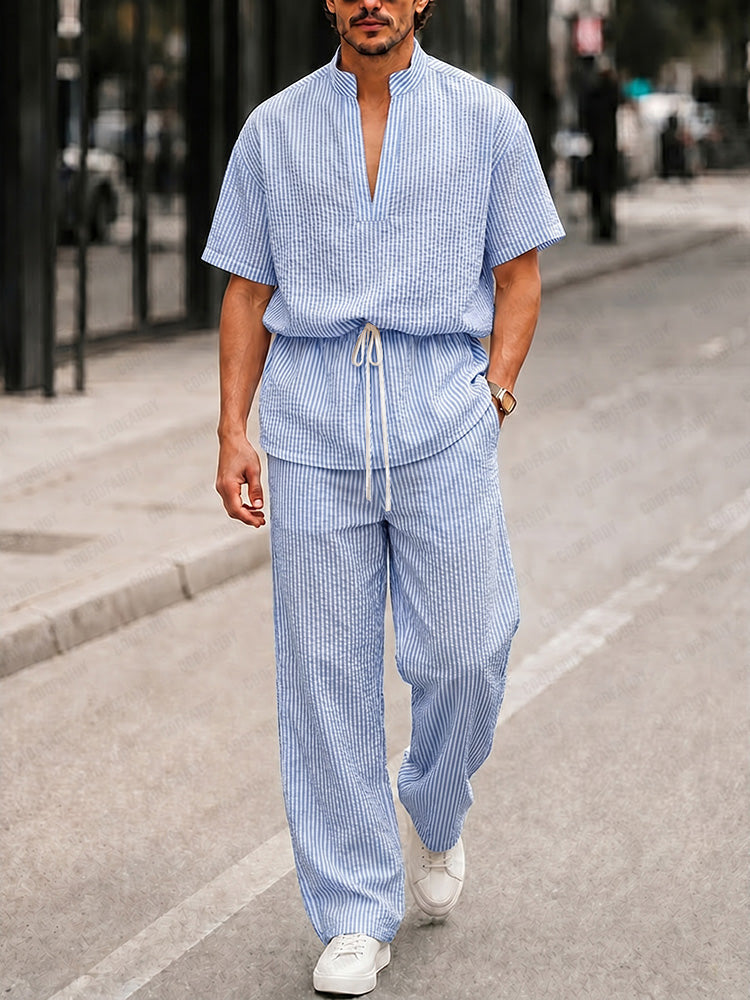 Casual Seersucker Pinstripe Waist Tie Top Pants Set