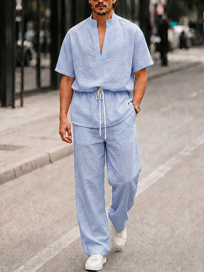 Casual Seersucker Pinstripe Waist Tie Top Pants Set