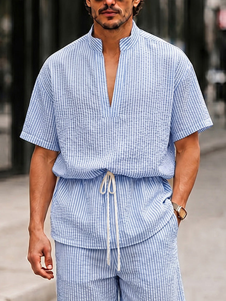 Casual Seersucker Pinstripe Waist Tie Top Pants Set