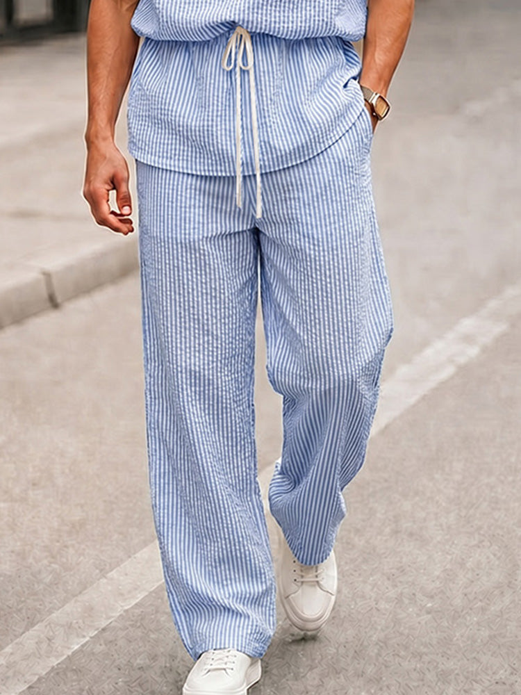 Casual Seersucker Pinstripe Waist Tie Top Pants Set