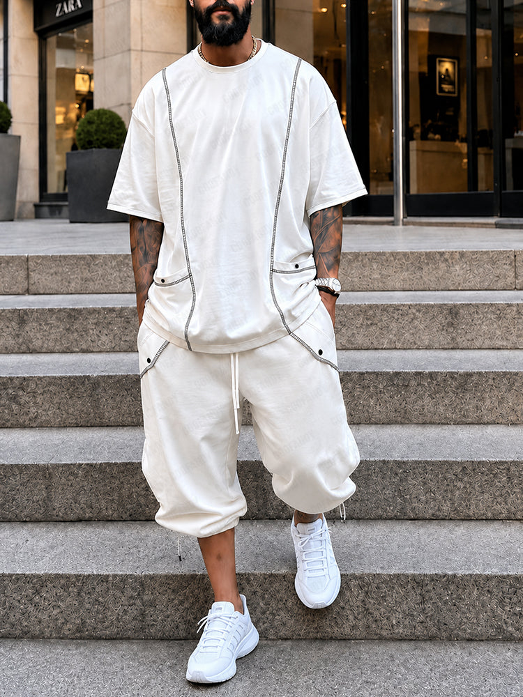 Casual Loose Contrast Seam Design T-Shirt Set