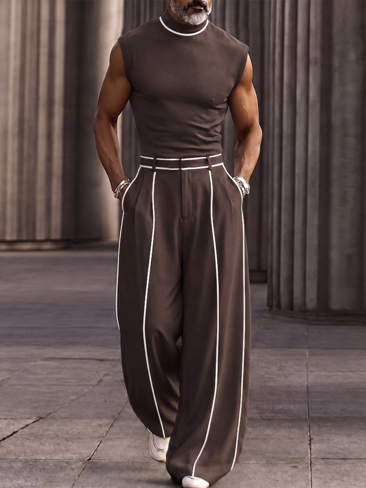 Fashion Contrast Stripe Mock Neck Matching Set