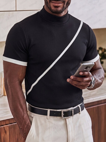 Slim Fit Contrast Design Mock Neck T-Shirt