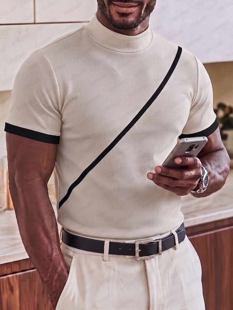 Slim Fit Contrast Design Mock Neck T-Shirt