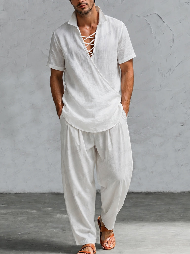Casual 100% Cotton Crossover Front Shirt Pant Set