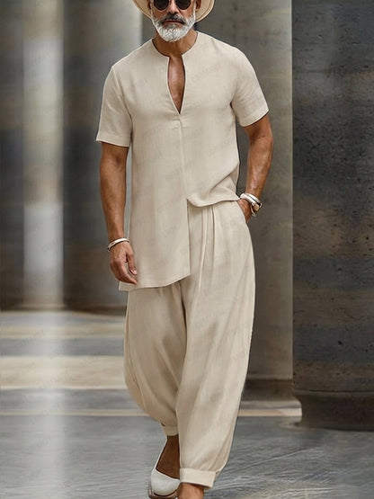 Minimalist Casual Front Slit V-Neck Top Pants Set