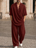 Casual Loose Button Accent Cross-Front T-Shirt Set