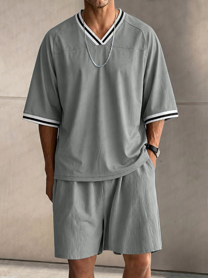 Casual Contrast Striped Raglan Sleeve T-Shirt Set