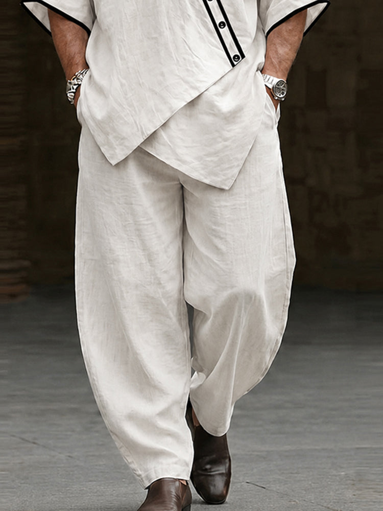 Premium Cotton Contrast Trim Pullover Top and Barrel Pants Set