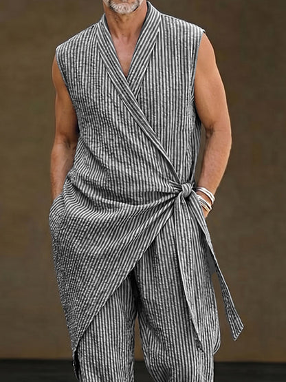 Casual Resort Loose Striped Wrap Vest Pants Set