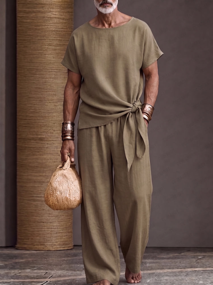 Minimalist Solid Color Tied Knot T-Shirt Pants Set