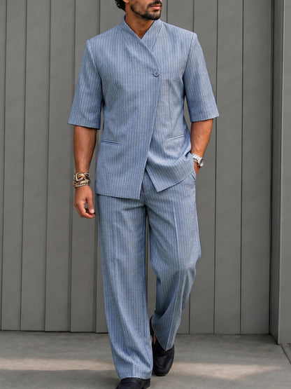 Urban Casual Short Sleeve Pinstripe Suit Set