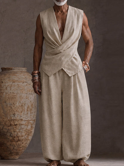 Casual 100% Cotton Back-Belt Vest and Loose Jogger Set
