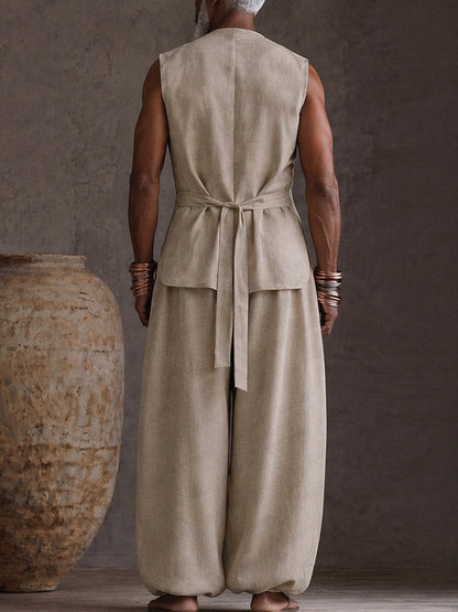 Casual 100% Cotton Back-Belt Vest and Loose Jogger Set