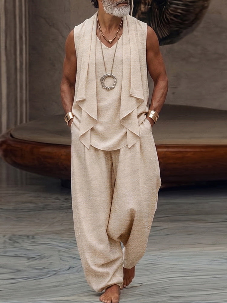 Stylish 100% Cotton Drape Front Sleeveless Top Pants Set