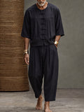 Casual Relaxed Fit Frog Button Shirt Pants Set