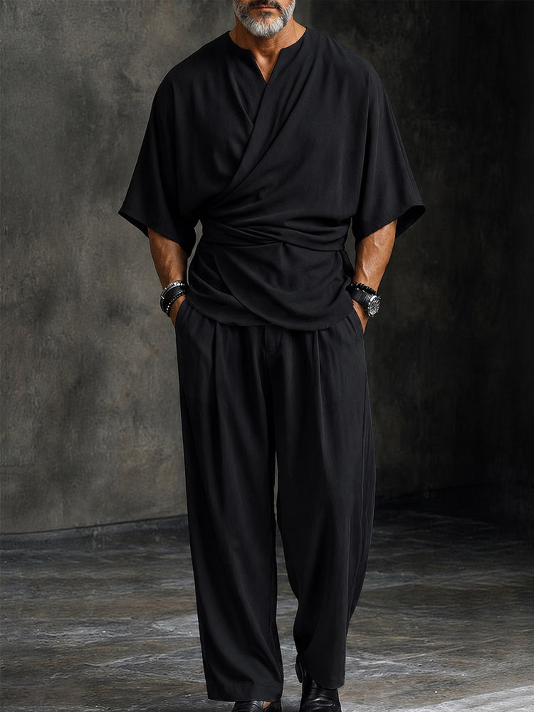 Minimalist Casual Wrap Shirt and Pants Co-Ord Set