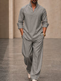 Modern Button Detail Stand Collar Shirt Pants Set