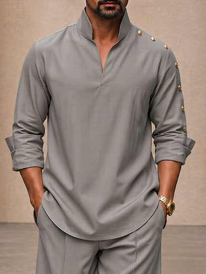 Casual Loose Button Accents Sleeve Shirt Pants Set