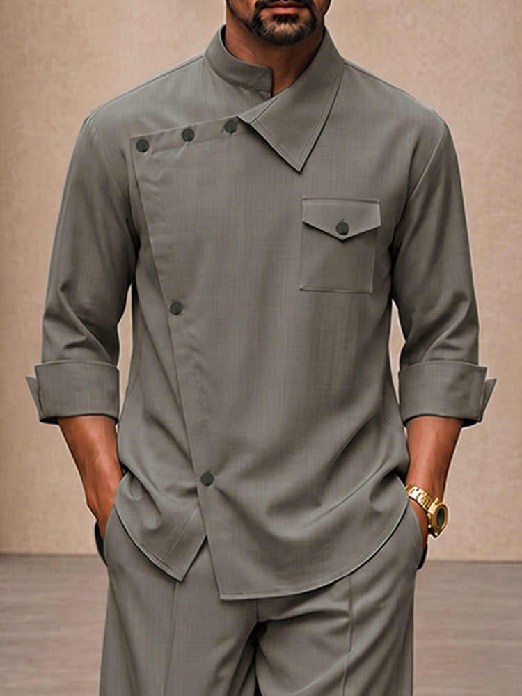 Casual Relaxed Fit Diagonal Closure Shirt Set