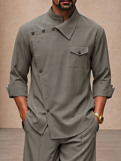 Casual Relaxed Fit Diagonal Closure Shirt Set