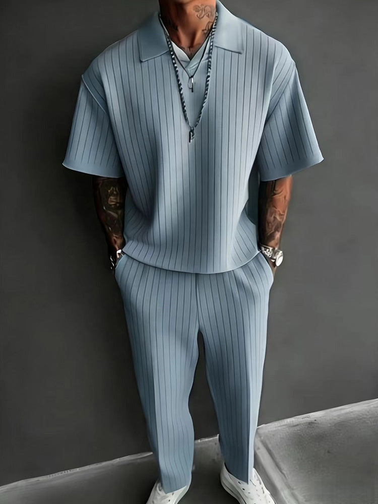 Solid Textured Polo Shirt and Trousers 2 Piece Set