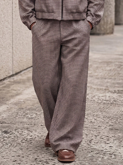 Vintage Houndstooth Splicing Jacket Pants Set