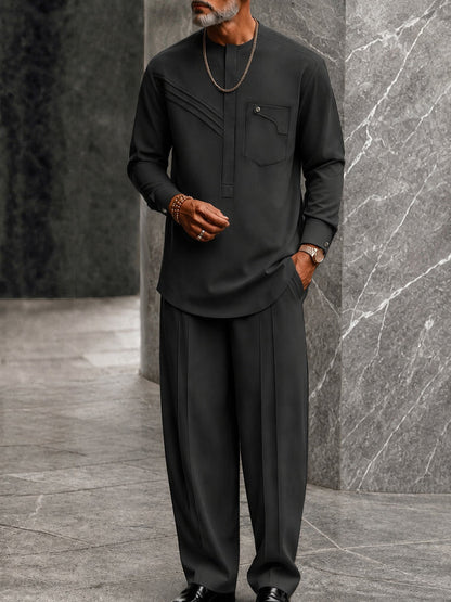 Modern Casual Collarless Shirt Pants Set
