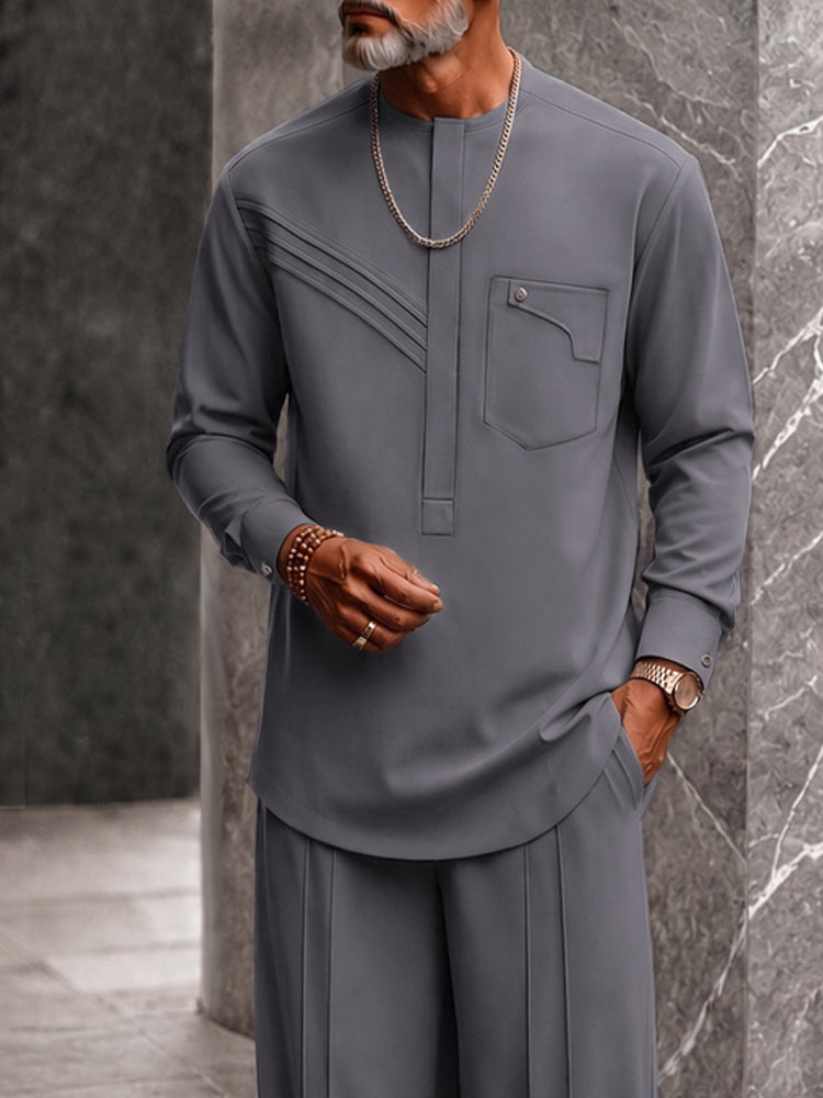 Modern Casual Collarless Shirt Pants Set