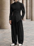 Minimalism Mandarin Collar Longline Top Pants Set