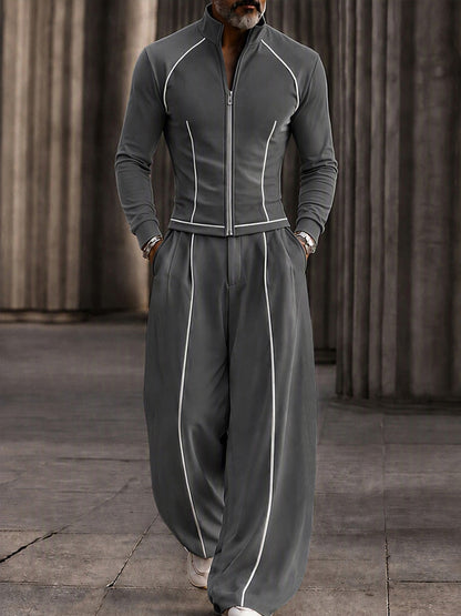 Fashion Contrast Stripe Mock Neck Matching Set