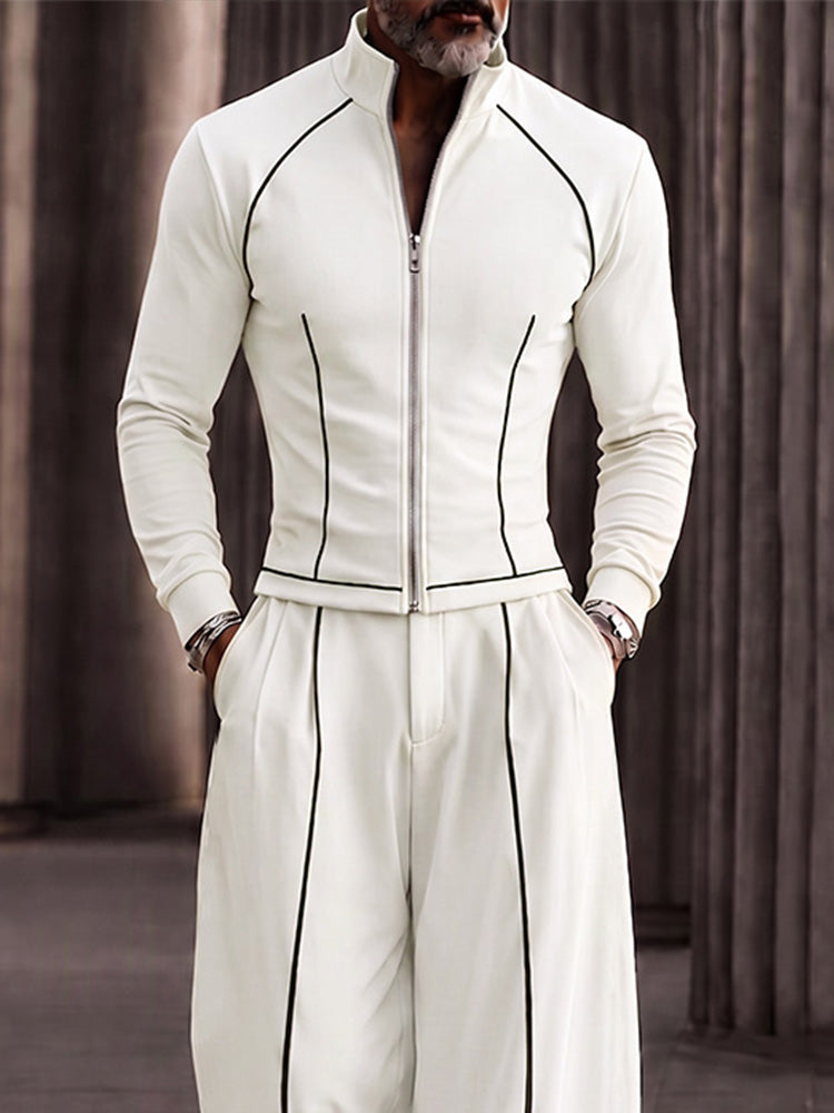 Fashion Contrast Stripe Mock Neck Matching Set